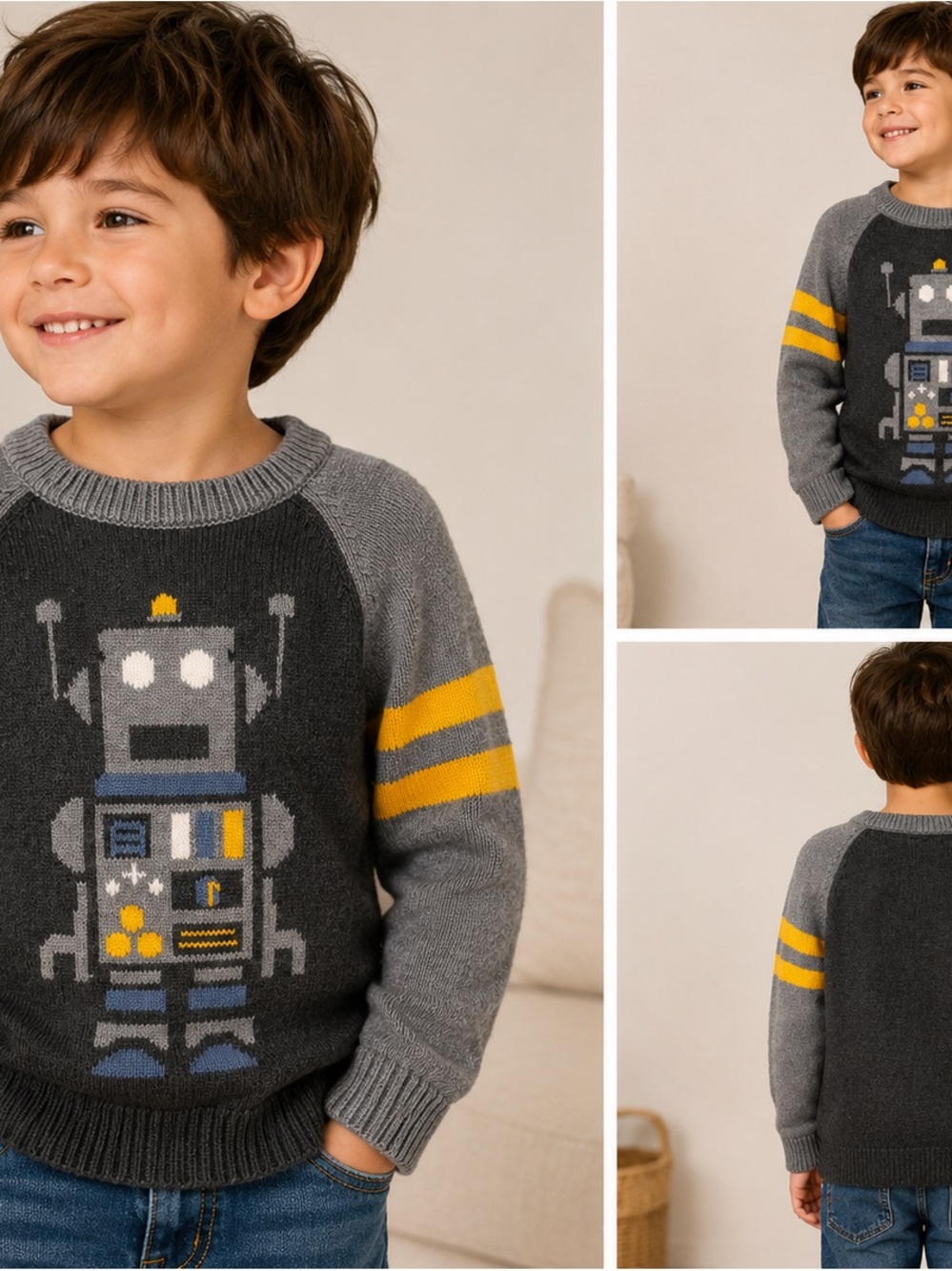 Baby Gap Boys Robot Sweater Gray Yellow 100% Cotton Size 5 Years